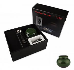 Premium Tee-Set mit dunkelgrüner Teedose und inkl. 50g Tee (wählbar)